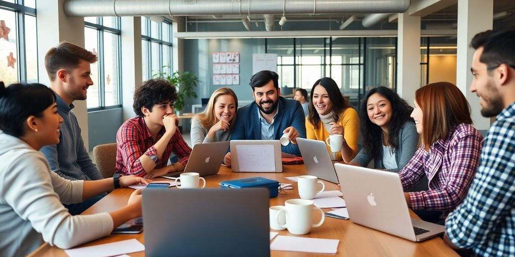 Young entrepreneurs brainstorming ideas in a modern office.